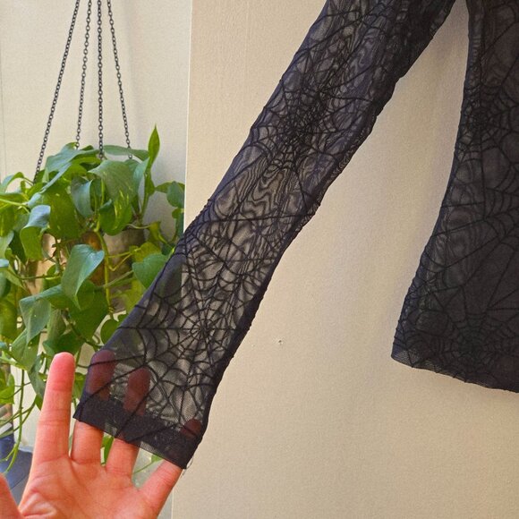 Black Spiderweb Mesh Mock Neck Long Sleeve Top Sheer Goth Halloween Costume XS - Picture 4 of 7